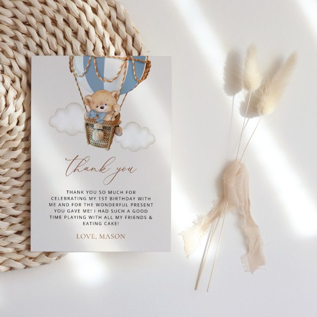Teddy Bear, Blue Hot Air Balloon, First Birthday Thank You Card (Creator Uploaded)