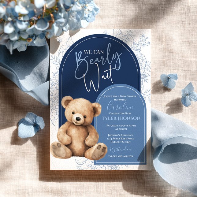Teddy Bear Blue Minimal Baby Shower Modern Invitation (Creator Uploaded)