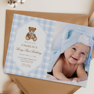Teddy Bear Blue Minimalist Boy Birthday Photo Invitation