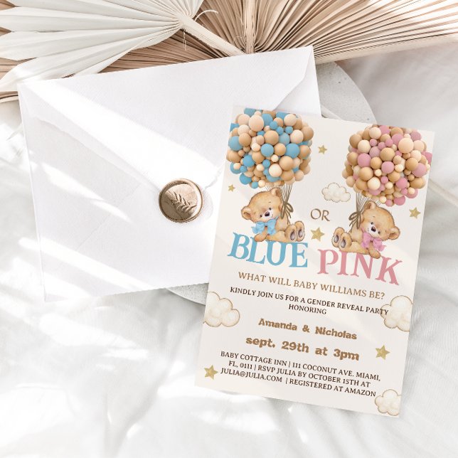Teddy Bear Blue or Pink Gender Reveal Invitation (Creator Uploaded)