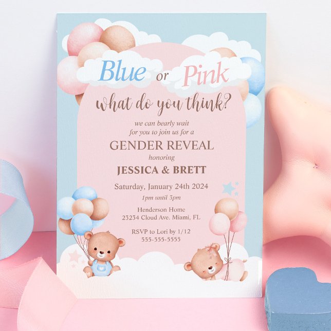 Teddy Bear Blue or Pink Gender Reveal Invitation (Creator Uploaded)