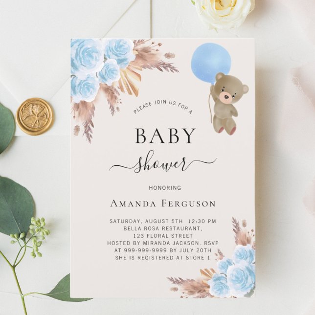 Teddy bear blue pampas floral boy Baby Shower Invitation (Creator Uploaded)