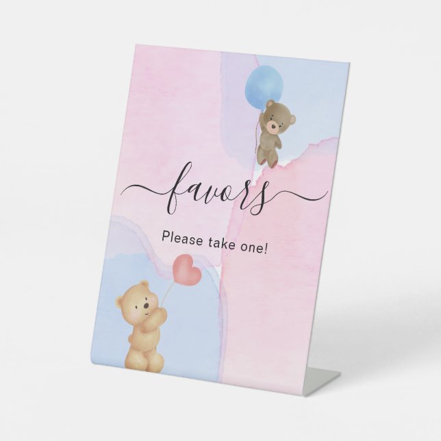 Teddy bear blue pink gender reveal favour pedestal sign (Front)
