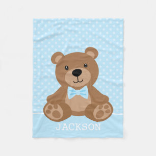 Teddy Bear Blue Polka Dot Personalised Boy Fleece Blanket