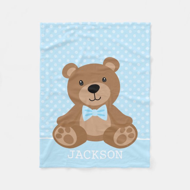 Teddy Bear Blue Polka Dot Personalised Boy Fleece Blanket (Front)