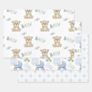 Teddy Bear Blue Polkadots Baby Boy Wrapping Paper Sheet