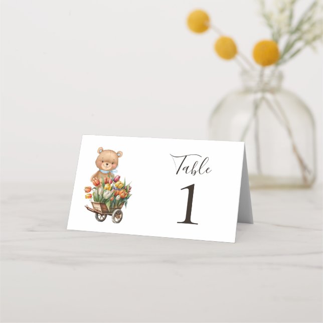 Teddy Bear Blue Rustic Floral Place Card (Back)