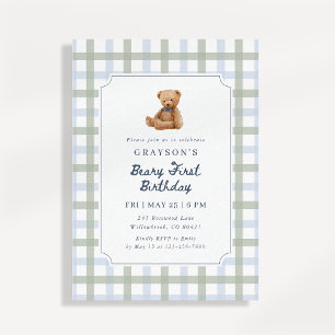 Teddy Bear Blue Sage Green First Birthday Invitation