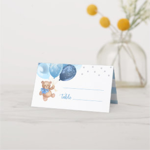 Teddy Bear Blue Silver Balloons Baby Shower Folded Place Card