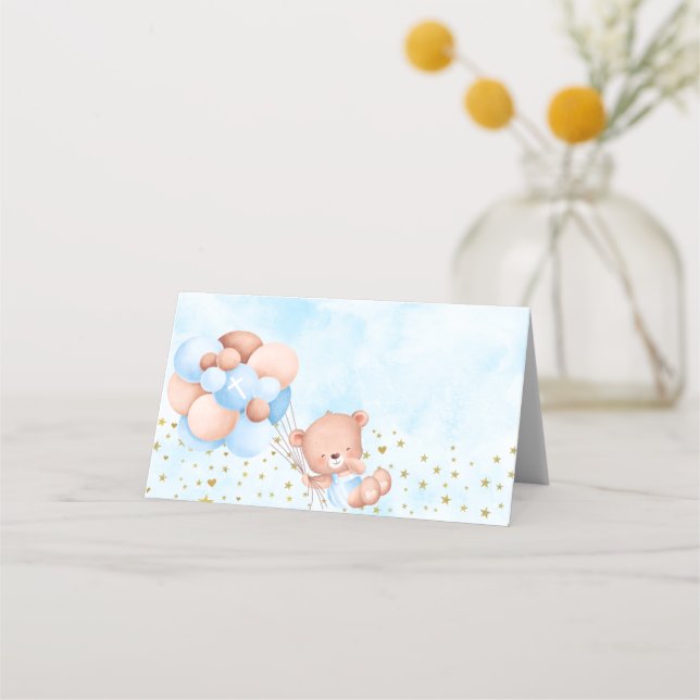 Teddy Bear Blue Sky Boy Baptism Folded Tent Place Card (Front)