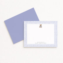 Teddy Bear Blue Stripe Preppy Nursery Note Card