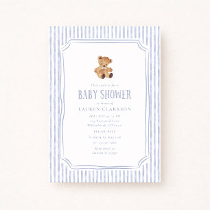 Teddy Bear Blue Stripes Baby Boy Baby Shower  Announcement