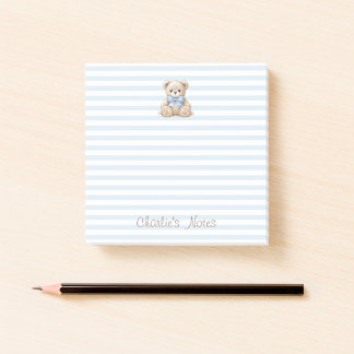 Teddy Bear & Blue Stripes Custom Name Script Kid Post-it Notes