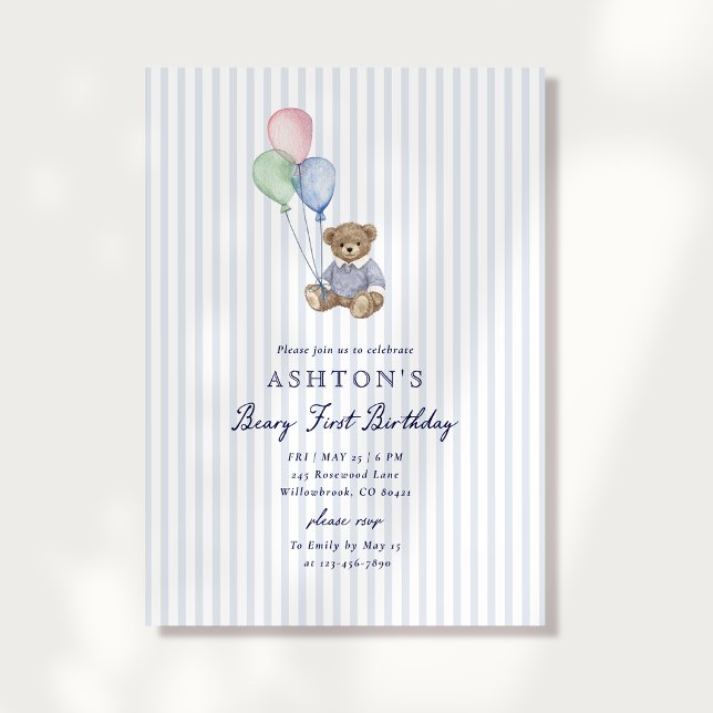 Teddy Bear Blue Stripes First Birthday Invitation  (Creator Uploaded)