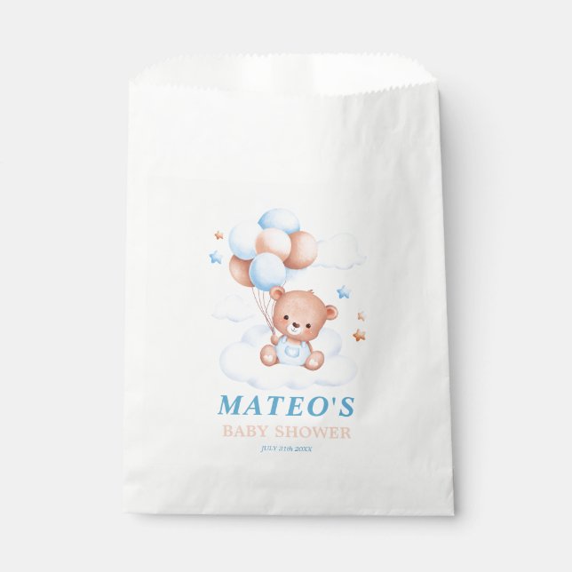 Teddy Bear Blue Tan Balloon Baby Shower Decoration Favour Bags (Front)