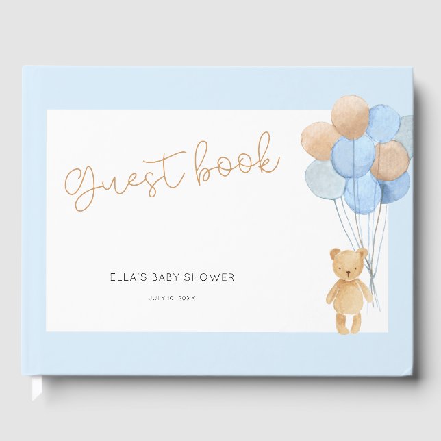Teddy Bear Blue Tan Balloons Baby Shower Guest Book (Front)