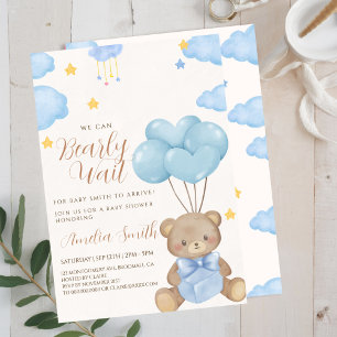 Teddy Bear Blue Tan Balloons Baby Shower  Invitation