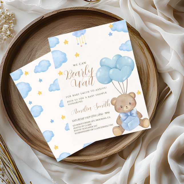 Teddy Bear Blue Tan Balloons Baby Shower  Invitation (Creator Uploaded)