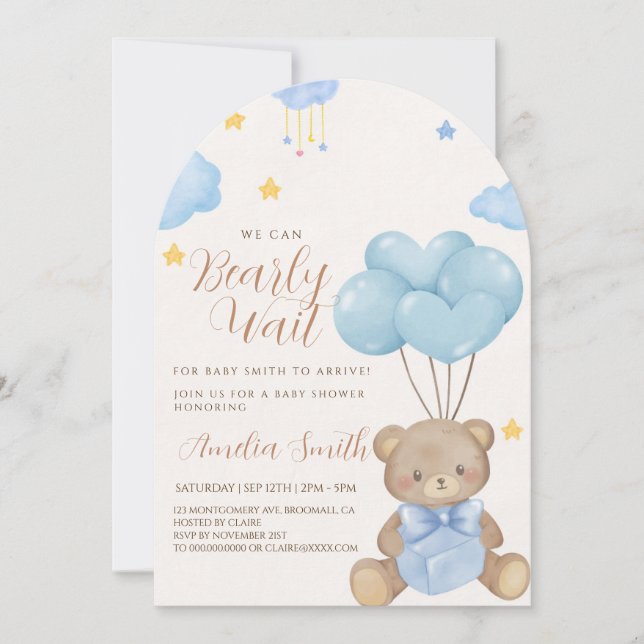 Teddy Bear Blue Tan Balloons Baby Shower  Invitation (Front)