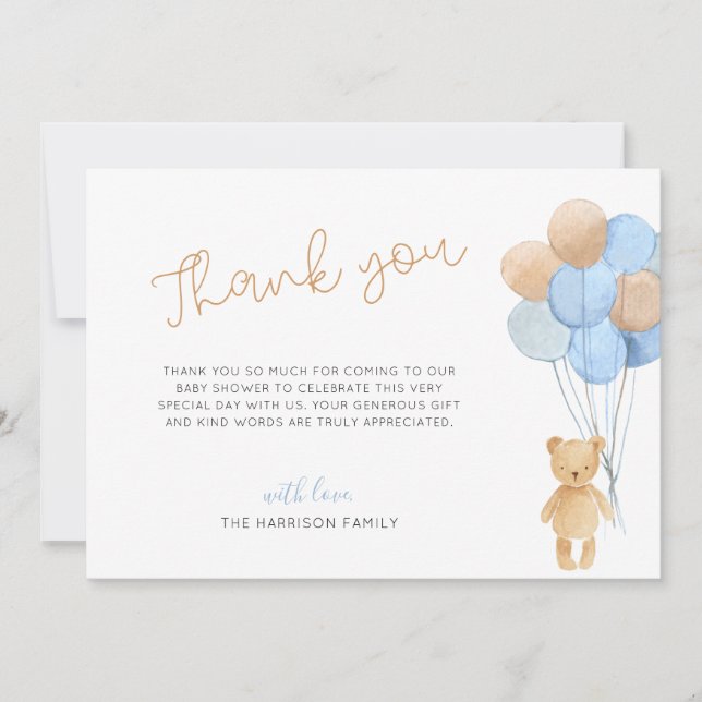 Teddy Bear Blue Tan Balloons Baby Shower Thank You Card (Front)