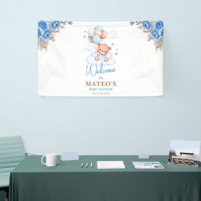 Teddy Bear Blue Tan Balloons Baby Shower Welcome Banner (Tradeshow)