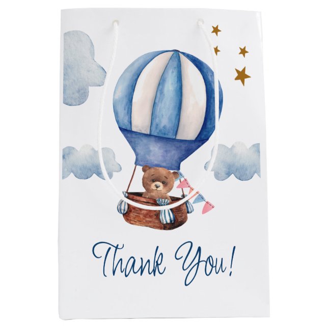 Teddy Bear Blue Thank You Medium Gift Bag (Front)