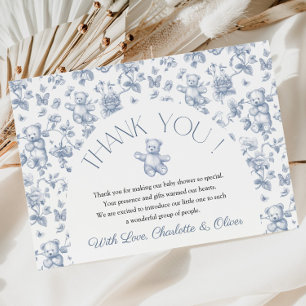 Teddy Bear Blue Toile Baby Shower Thank You Card