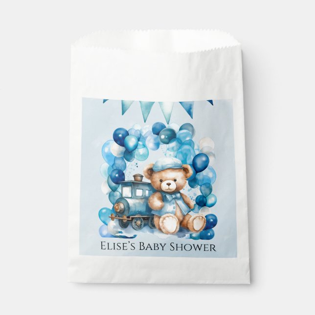 Teddy Bear Blue Train Boy Baby Shower Favour Bags (Front)