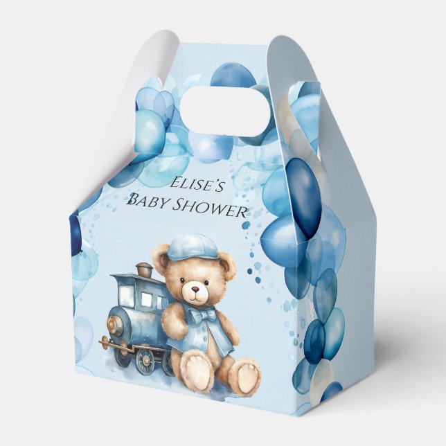 Teddy Bear Blue Train Boy Baby Shower Favour Box (Front Side)