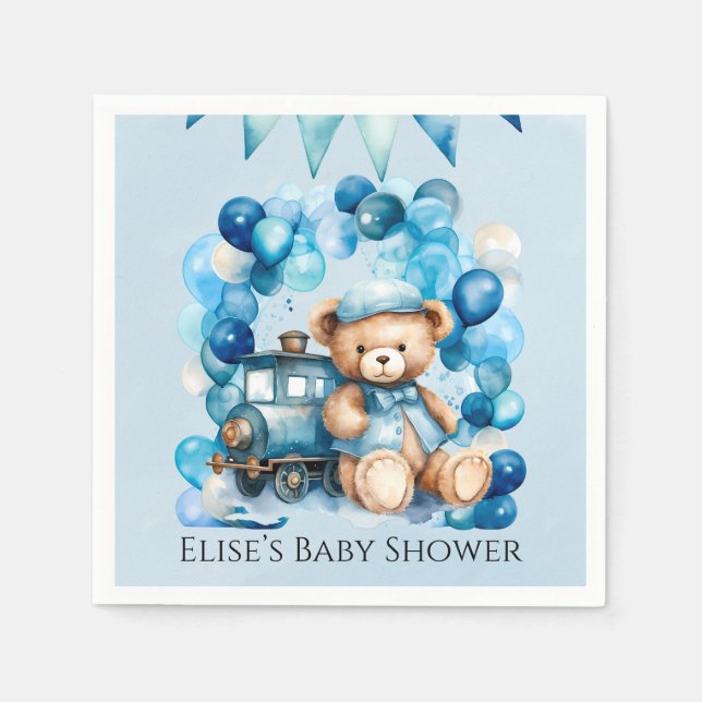 Teddy Bear Blue Train Boy Baby Shower Napkin (Front)