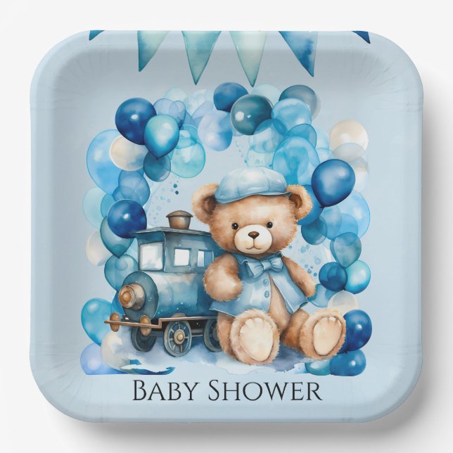 Teddy Bear Blue Train Boy Baby Shower Paper Plate (Front)