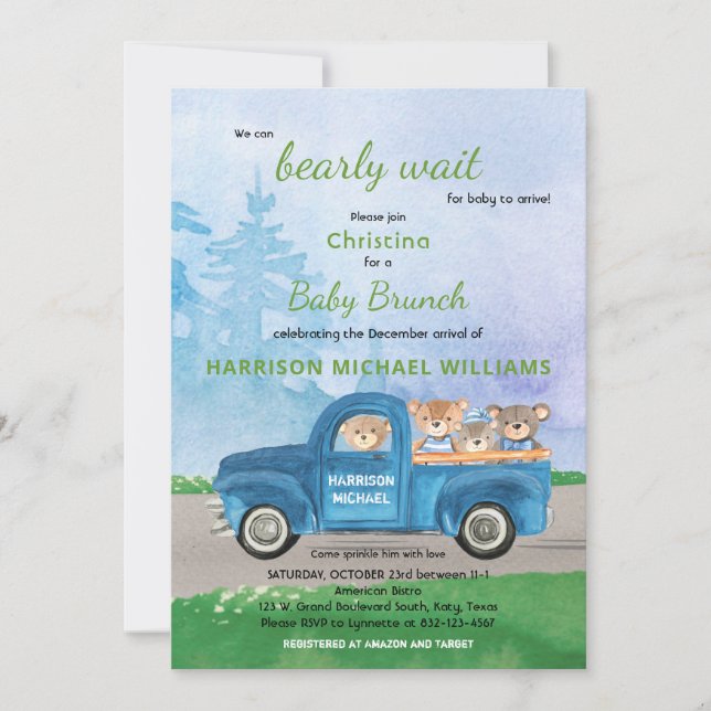 Teddy Bear Blue Truck Green Forest Boy Baby Shower Invitation (Front)