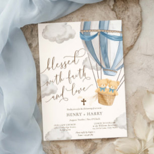 Teddy Bear Blue Twins Christening Invitation