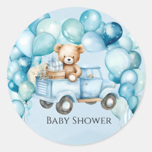 Teddy Bear Blue Vintage Truck Boy Baby Shower Classic Round Sticker