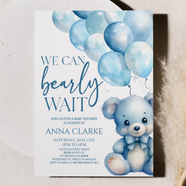Teddy Bear Blue We Can Bearly Wait Baby Shower Invitation (Creator Uploaded)