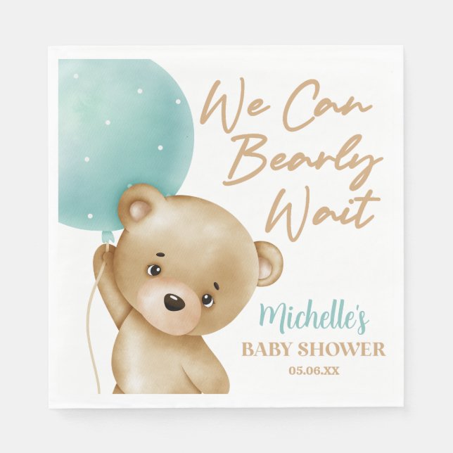 Teddy Bear Blue We Can Bearly Wait Baby Shower Napkin (Front)