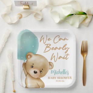 Teddy Bear Blue We Can Bearly Wait Baby Shower Paper Plate