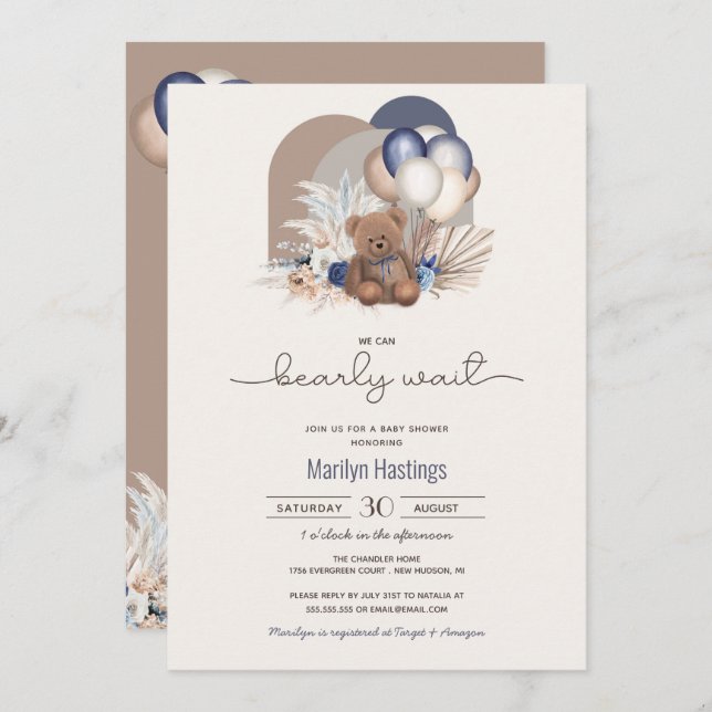 Teddy Bear & Blue White Balloons Boho Baby Shower  Invitation (Front/Back)