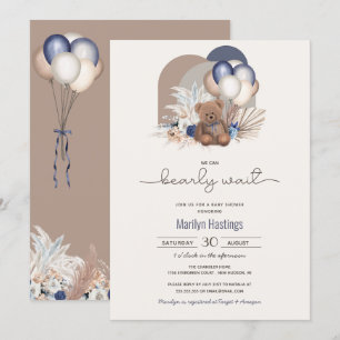Teddy Bear & Blue White Balloons Boho Baby Shower  Invitation