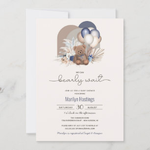 Teddy Bear & Blue White Balloons Boho Baby Shower  Invitation