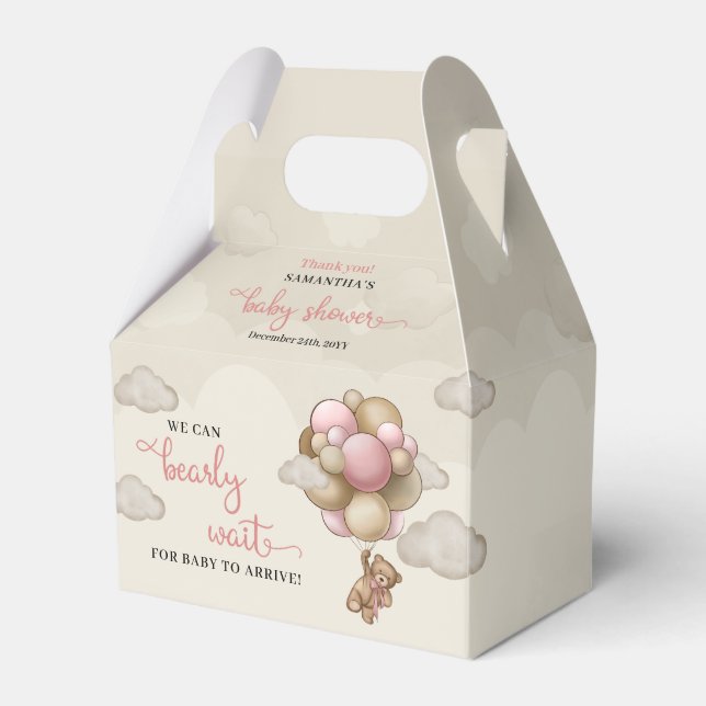 Teddy bear blush brown ivory balloons baby shower  favour box (Front Side)