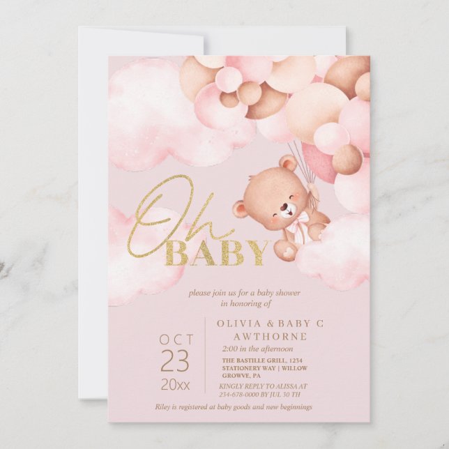  Teddy Bear Blush Pink Balloons Baby Girl Shower Invitation (Front)