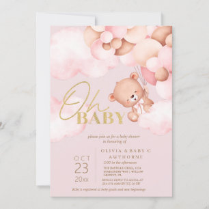 Teddy Bear Blush Pink Balloons Baby Girl Shower Invitation
