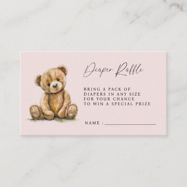Teddy Bear Blush Pink Girl Shower Diaper Raffle Enclosure Card (Front)