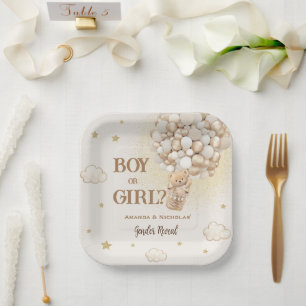 Teddy Bear Boho Air balloon Gender Reveal Paper Plate