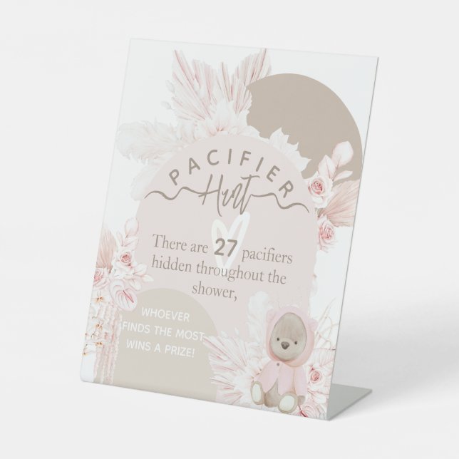 Teddy Bear Boho baby shower Pacifier Hunt game Pedestal Sign (Front)