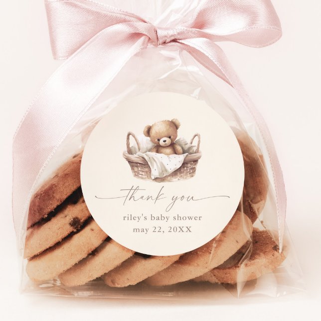 Teddy Bear Boho Baby Shower Thank You Favour Classic Round Sticker (Gender Neutral Teddy Bear Boho Baby Shower Thank You Favor Sticker.)