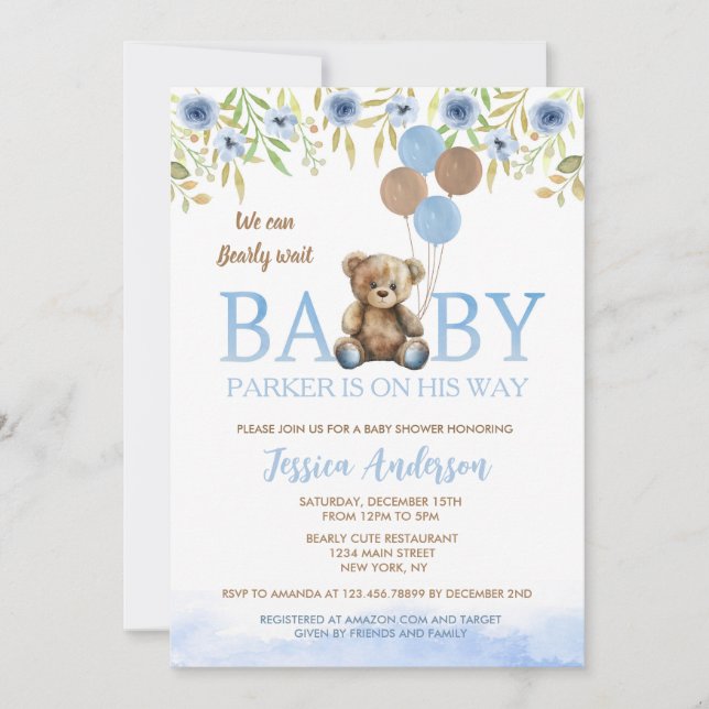Teddy Bear Boho Blue Boy baby shower invitations (Front)