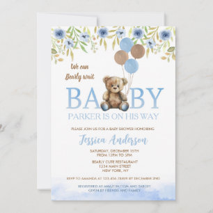 Teddy Bear Boho Blue Boy baby shower invitations