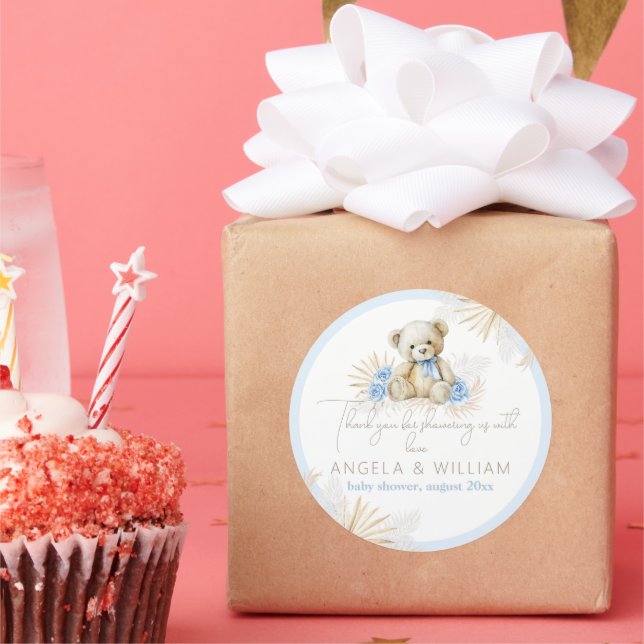 Teddy Bear Boho Blue Boy Thanks Baby Shower Classic Round Sticker (Party)